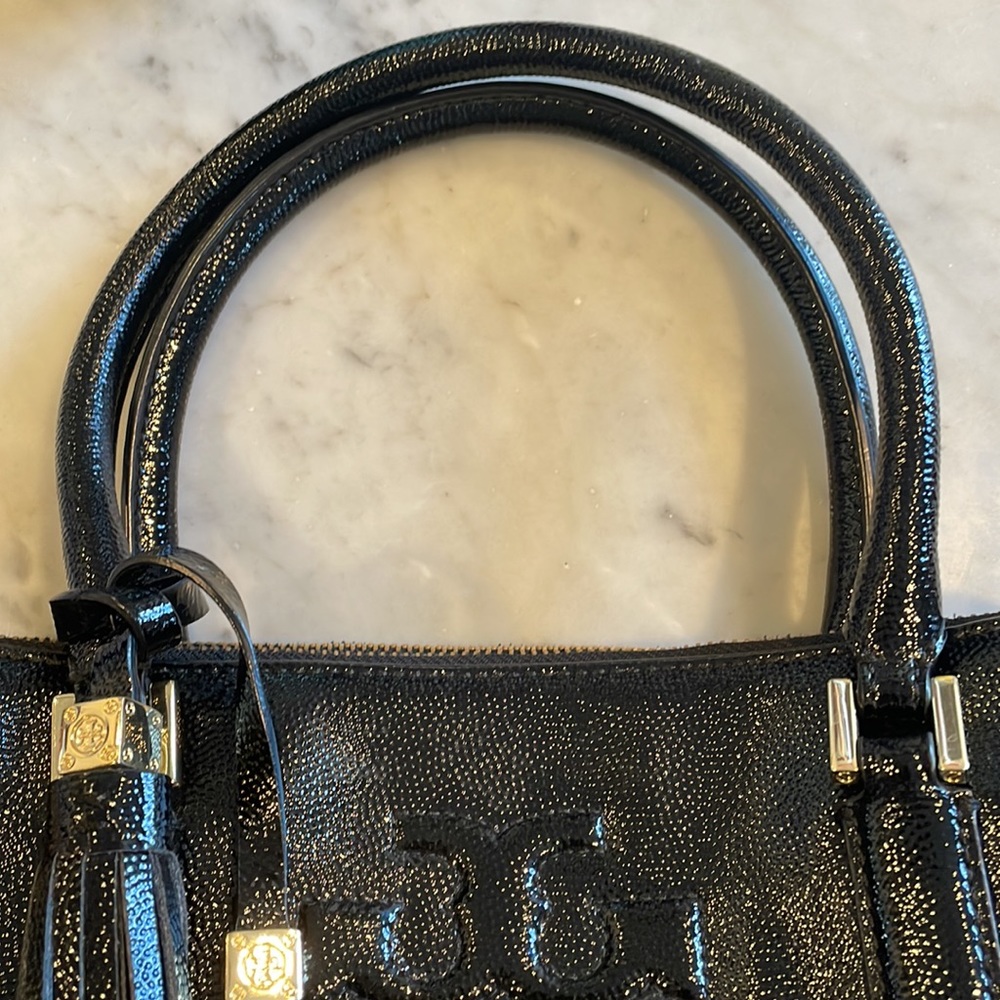 Tory Burch Black Patent Leather Tote with Tassel Detail - Picture 3 of 16